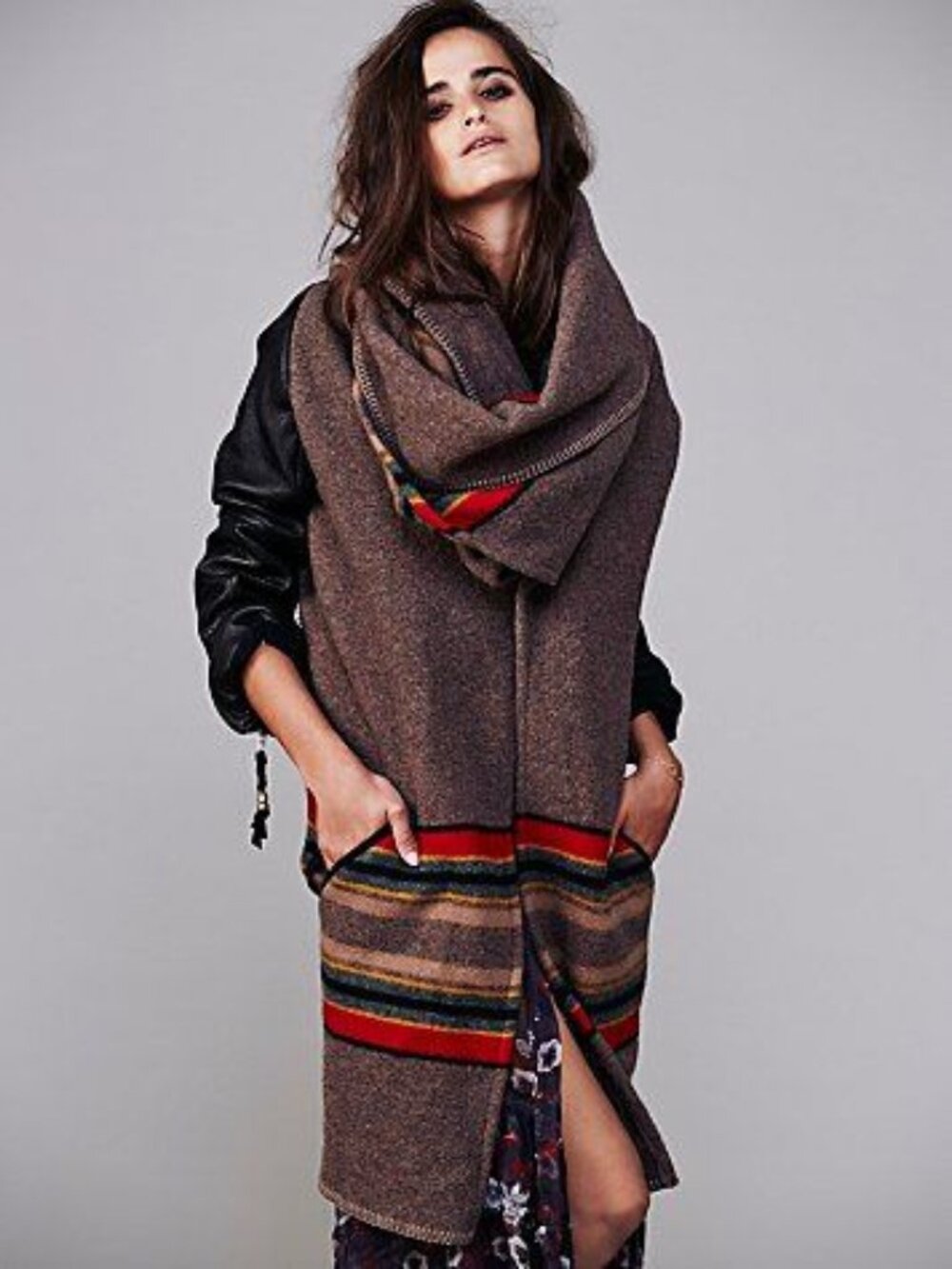 Rare Free People x Lindsey Thornburg Leather Sleeve Blanket Cloak in brown wool